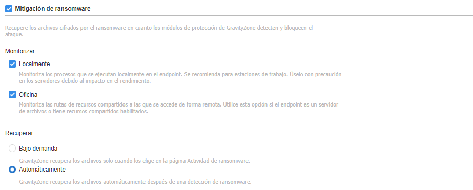 Bitdefender:  configuración de mitigación de ransomware
